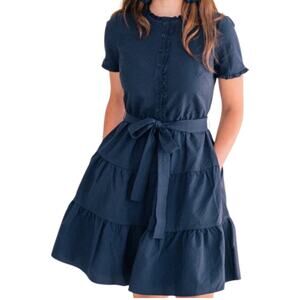 Gal Meets Glam Maisie Navy Blue Seersucker Ruffle Tiered Dress Sz 4 Cottagecore